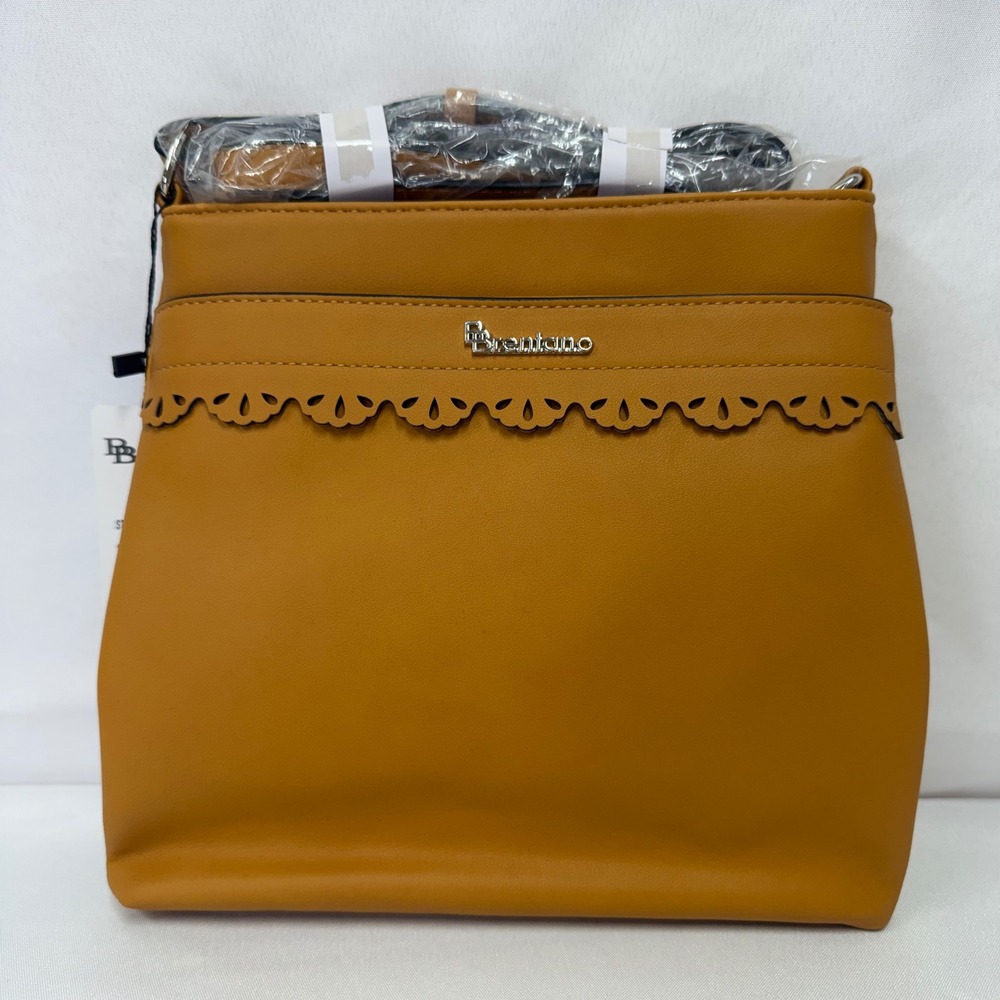 Brentano Mustard Yellow Scalloped Laser Cut‎ Vegan Leather Crossbody Bag NWT